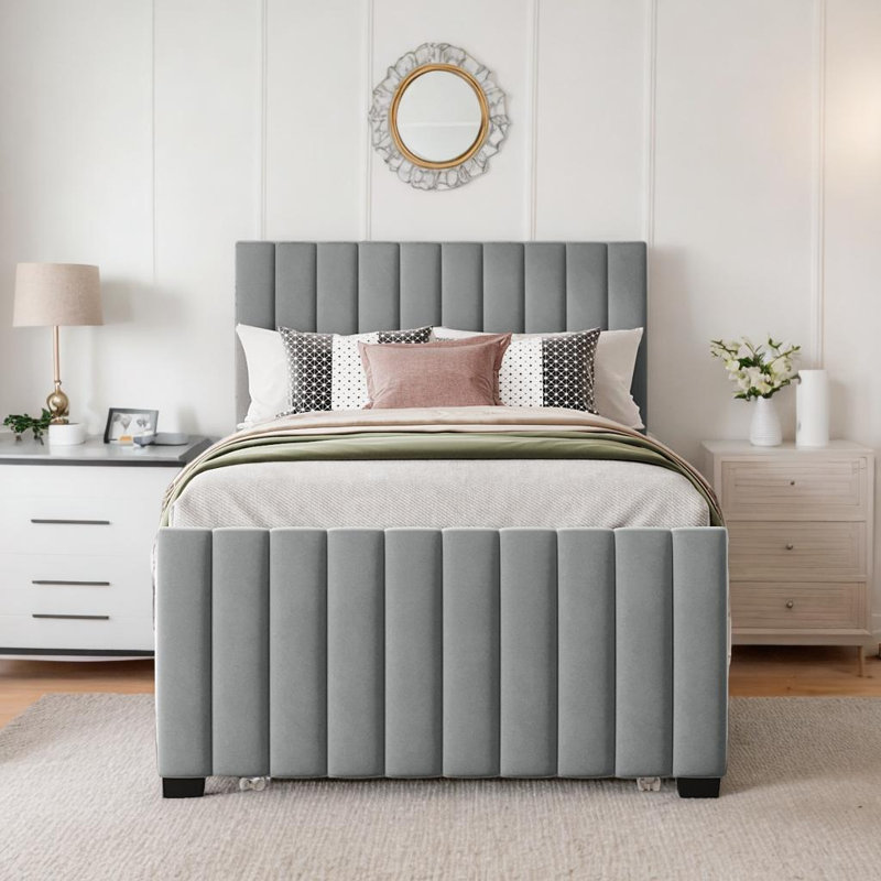 Lit plateforme en velours avec lit gigogne simple Modern, Gris, Lit simple