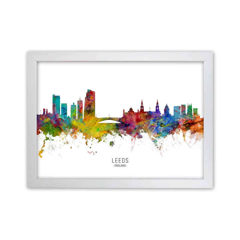 Leeds England Skyline by Michael Tompsett - Print, 34cm H x 46cm W x 3cm D, White Framed