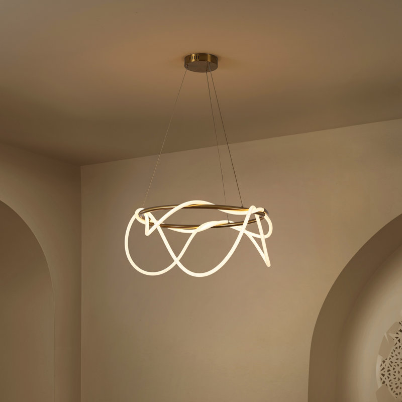 Shiana Contemporary Minimalist 360 Adjustable Silicone Neon Rope Dimmable Integrated Chandelier, Brass Gold