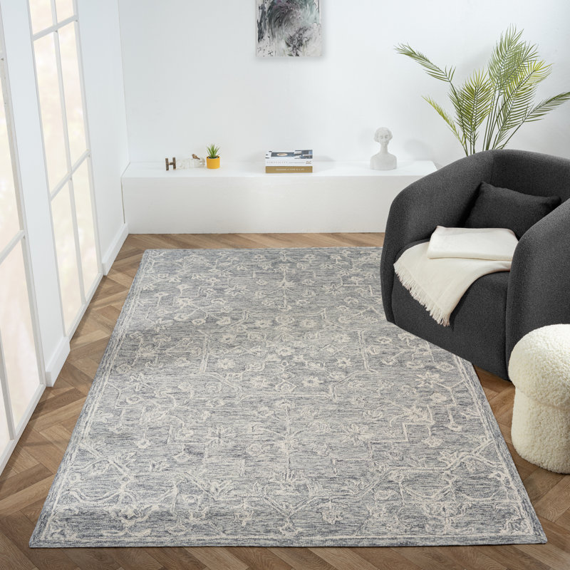 Ivy Handmade Transitional Distressed Floral Motif Tufted Wool Area Rug, Rectangle 3' x 5', Gray