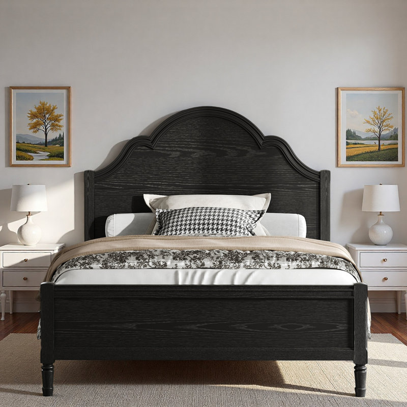 Lit plateforme en bois avec tête de lit courbée et pieds robustes, Full, Black