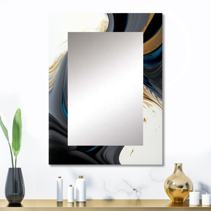 Noir, blanc et or liquide Art IV - décor de miroir mural unique à encre liquide, grand miroir moderne, art imprimé en métal