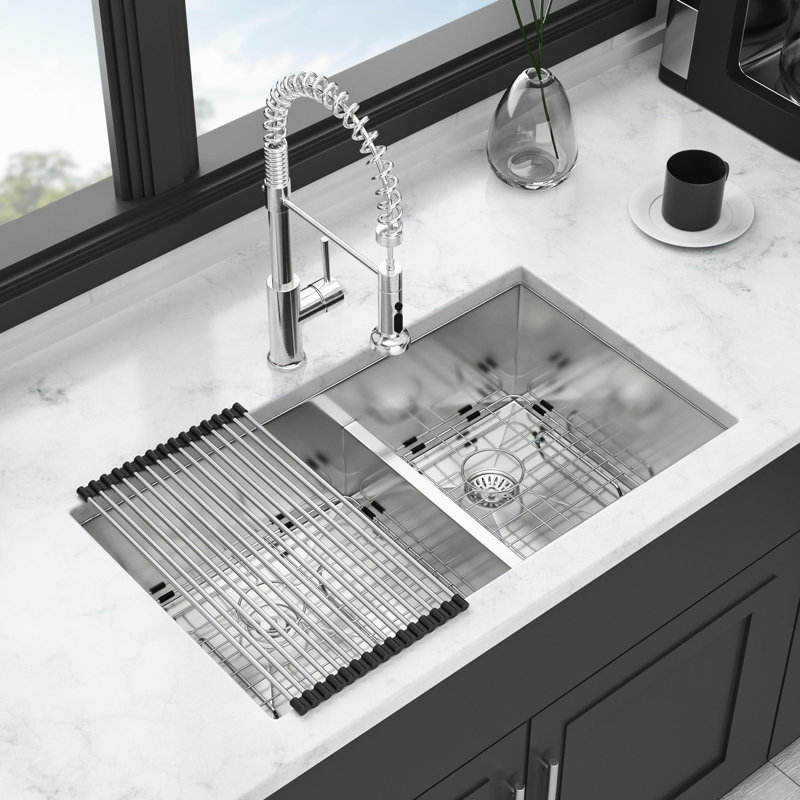33 - Inch 60/40 Undermount Double Bowl Kitchen Sink In Brushed Nickel Finish, 16 Gauge Stainless Steel Build, 10" Deep Basins, Rear 3.5 Drain For Garbage Disposal Units, X Grooves Fast Water