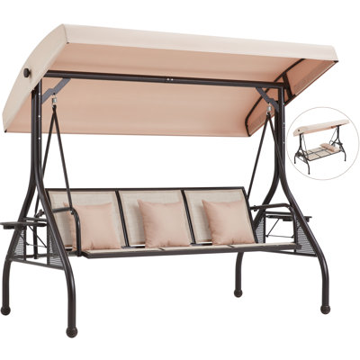 3-Person Patio Canopy Swing with Cup Holder, Pillow, Adjustable Canopy, Backrest