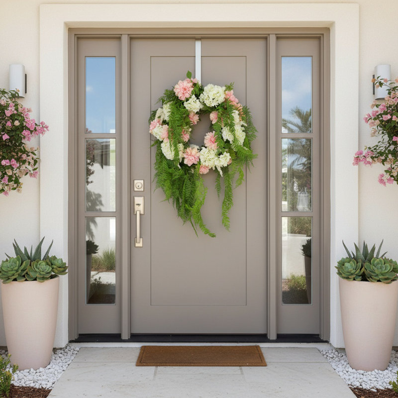 25" Spring Wreath with Dahlias, Hydrangeas and Hanging Ferns