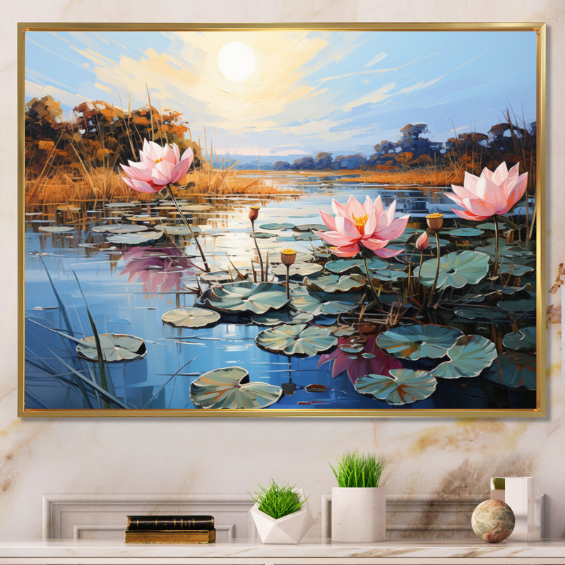 Lytina Asian Art Lotus Lake - Art asiatique, art mural, H 30 po x l 40 po x P 1,5 po, Cadre flottant doré