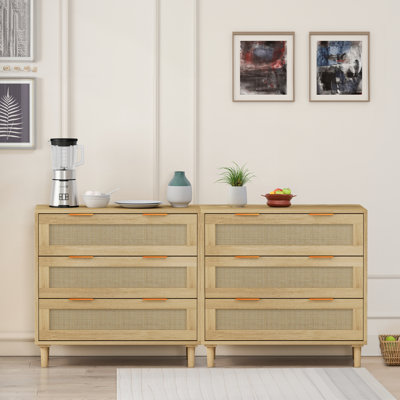 Armoire de rangement 3 tiroirs avec tiroir en rotin (ensemble de 2), pour chambre à coucher, salon, salle à manger, couloirs