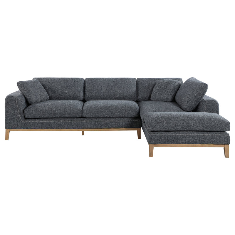 Style Mid-Century moderne en forme de L avec deux coussins, revêtement en tissu gris, coutures de couverture beiges, pieds fuselés, zone de confort 4 places