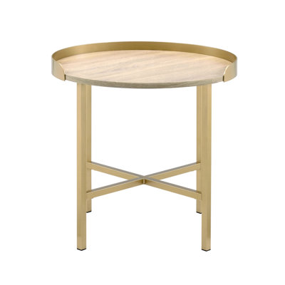 Round End Table With Tray Style Table Top, Oak And Gold