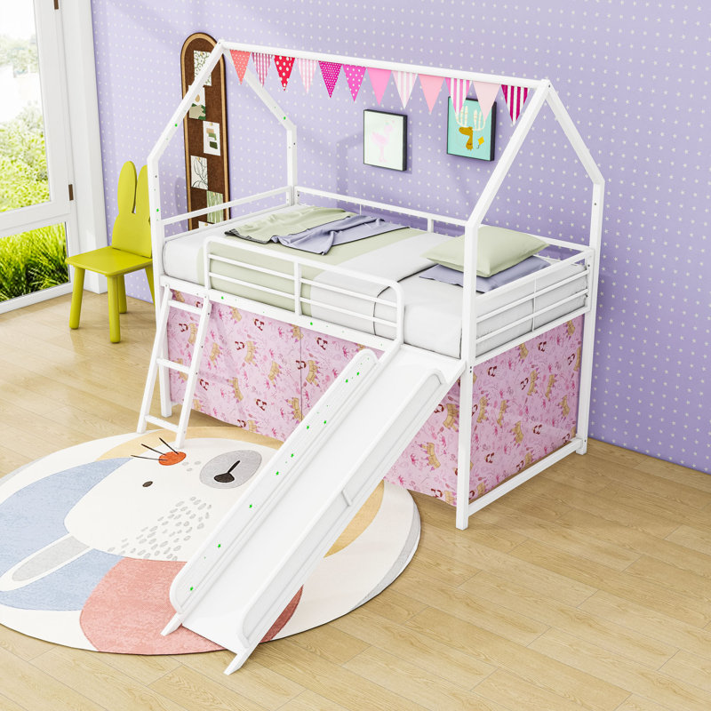 Metal House Twin Loft Bed With Slide, Curtain Set, Guardrails And Ladder, White Pink