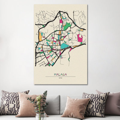 Malaga, Spain Map by Ayse Deniz Akerman - Wrapped Canvas Print