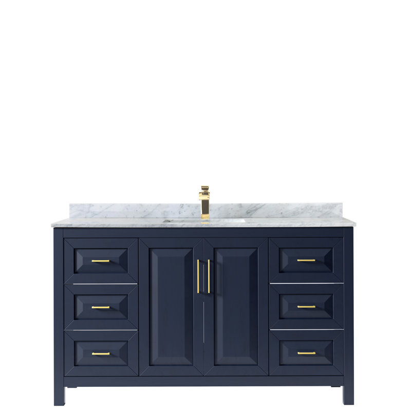 Daria 60'' W Single Vanity, White Carrara Marble, Dark Blue, Matte Black