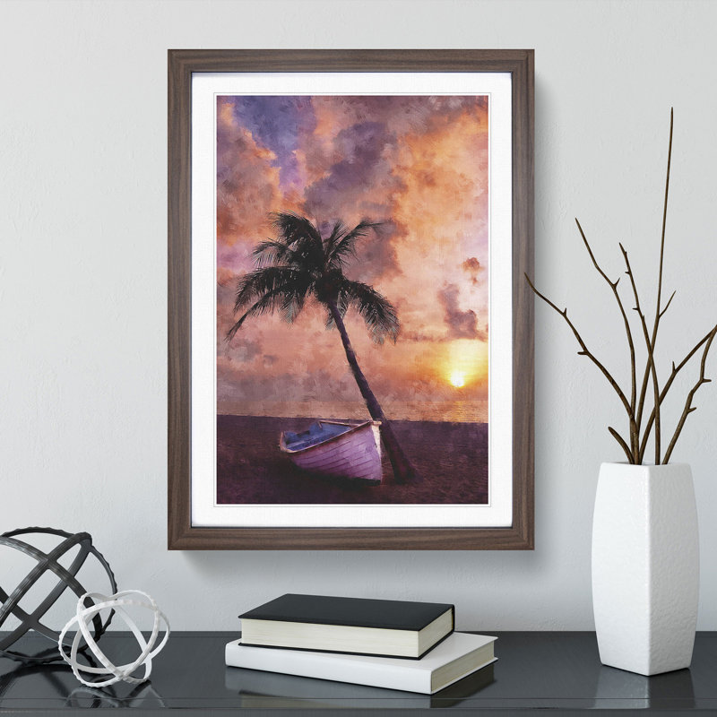 Palm Tree and Boat - Framed Print, 65cm H x 48cm W x 2cm D, Walnut Framed