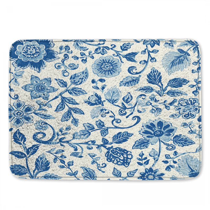Tapis de bain bleu floral, 24 po L x 17 po L