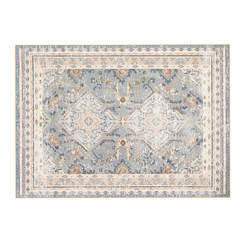 Non-Slip Area Rug Washable Distressed Boho Geometric Medallion Pattern Carpet, Area 4'x 6', Distressed Misty Blue
