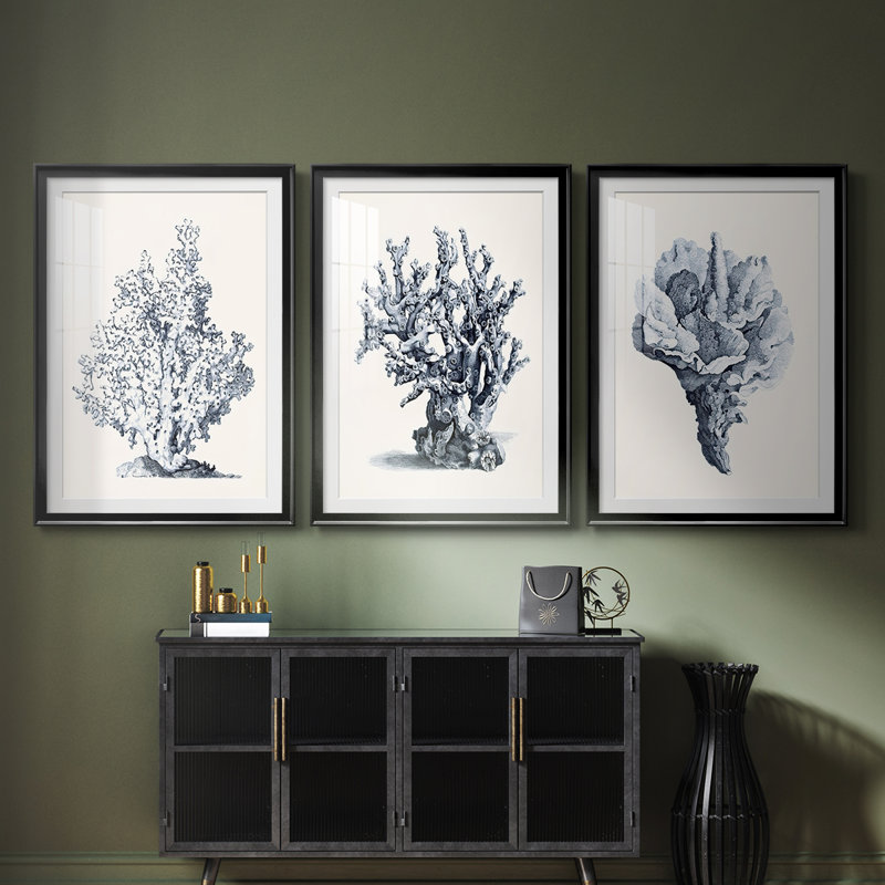 Bleu antique corail I - reproduction encadrée sur mesure de qualité supérieure mate - 3 pièces, Noir, H 21 po x l 30 po