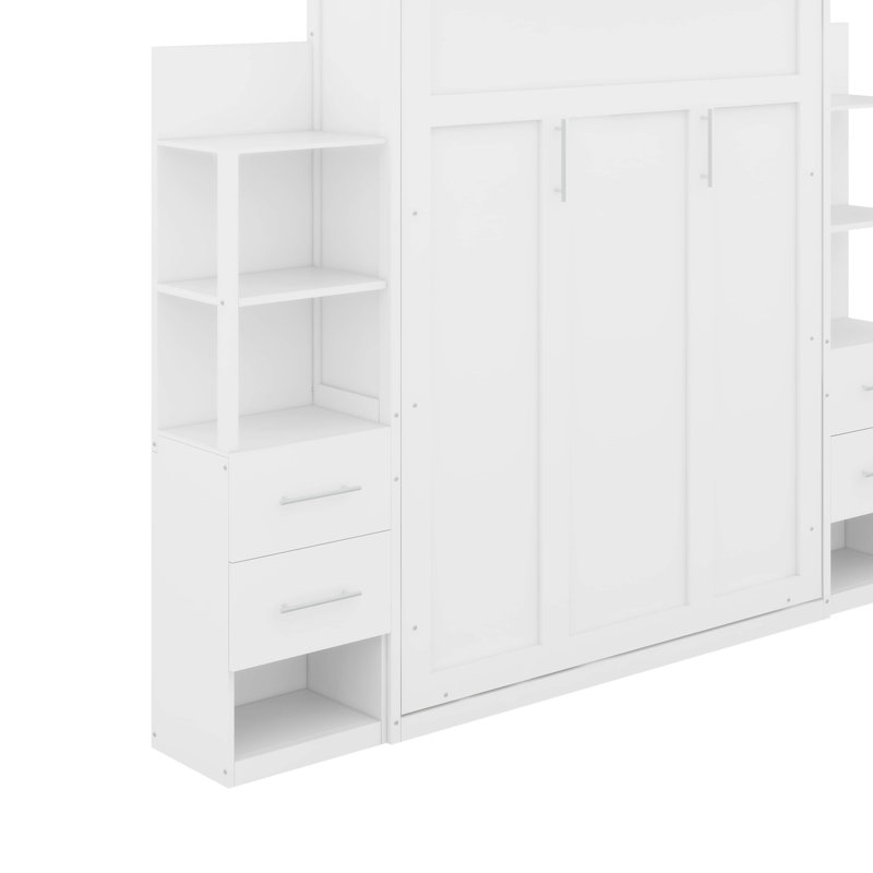 Grand lit escamotable mural avec tiroirs, tablettes et DEL, Blanc