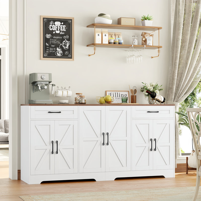 71'' Large Farmhouse Sideboard with Adjustable Shelves and 2 Large Drawers, Brown/Black/White