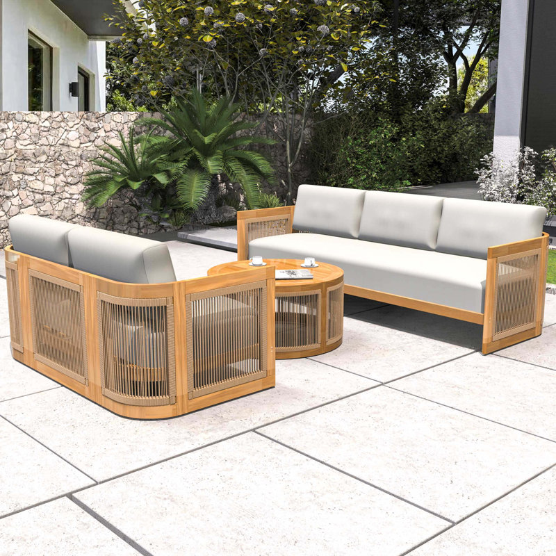 Solid Acacia 5-Seat Sofa Set With Round Coffee Table