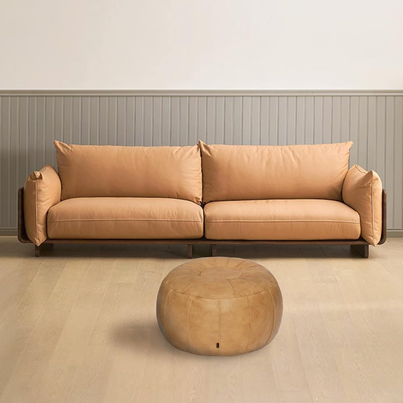 Colombe Upholstered Pouf, Beige Leather Match/Leather