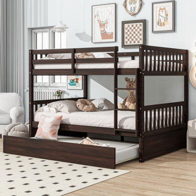 Full Over Full Rubber Wood Bunk Bed with Trundle, Ladder and Guardrails, Convertible to 2 Full Size Beds, with Twin Size Trundle ,Tan