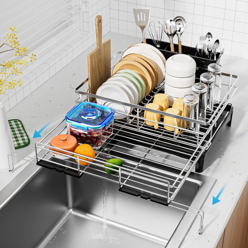 Égouttoir à vaisselle extensible en acier inoxydable avec porte-ustensiles pour comptoir de cuisine