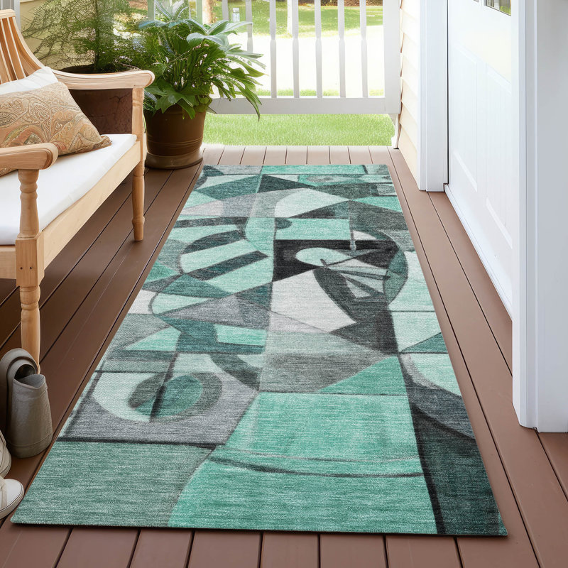 Tapis bleu sarcelle lavable à la machine intérieur / extérieur Xhevrie, Tapis de couloir 2 pi 3 po x 7 pi 6 po