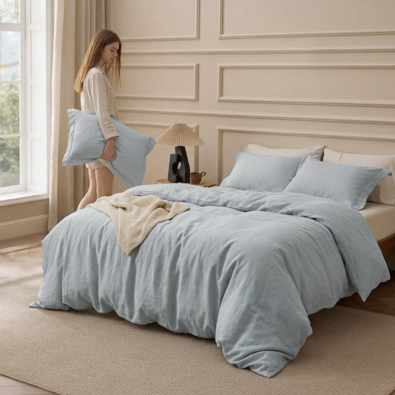 Bedsure 100% Washed Cotton Duvet Cover Queen Set - Minimalist Cotton Beding Set For All Season（set of 3）, Baby Blue