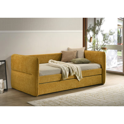 Lit de jour moderne à finition dorée avec bouton et lit gigogne encastré, garniture cloutée, bois, pour espace de vie dans la chambre à coucher, matelas non fourni, lit escamotable, finition, salon solide, inscription
