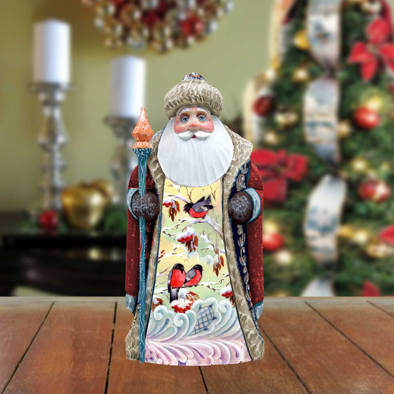 Wood Carved Winter''s Morning Bird Chirping Santa Figurine By G.Debrekht
