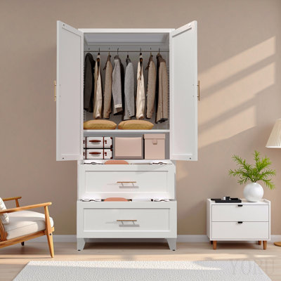Armoire-penderie de 71 po de hauteur avec 2 tiroirs et tringle à vêtements, garde-robe 2 portes avec tablette pour chambre à coucher, bureau, salle de lavage, vestibule, vestibule, maison d'amis (blanc)