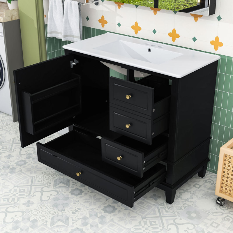 Wood Bathroom Vanity with Sink, 3 Drawers and Side Racks, Black