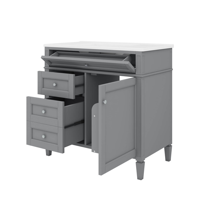 Meuble-lavabo de 36 pouces avec lavabo sur le dessus, armoire de rangement moderne, 2 tiroirs et un tiroir basculant, Gris