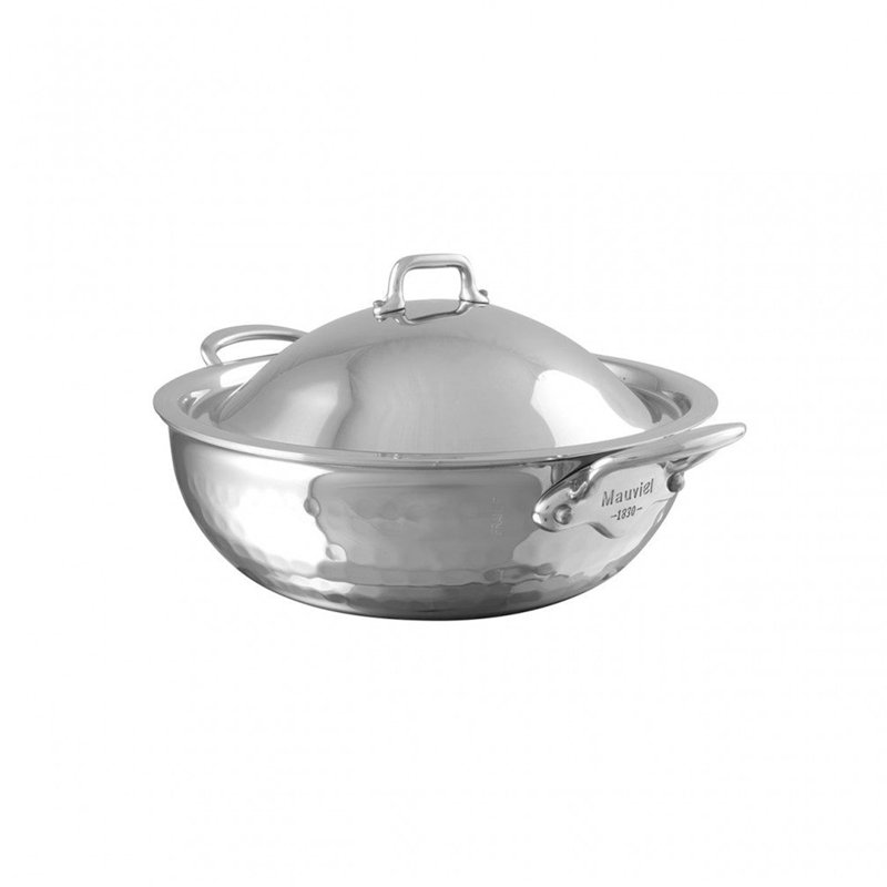 Mauviel M'elite Hammered 5-Ply Splayed Saute Pan With Dome Lid, Cast Stainless Steel Handles, 2.1-Qt, 7.9"