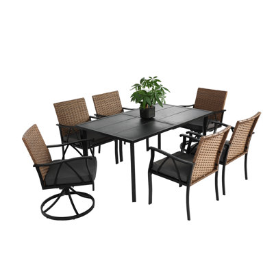 7 pièces de table et chaises de patio, acier avec trou pour parasol, chaises, brun / gris pour l'extérieur, 7 chaises confortables avec plateau en acier, brun / gris