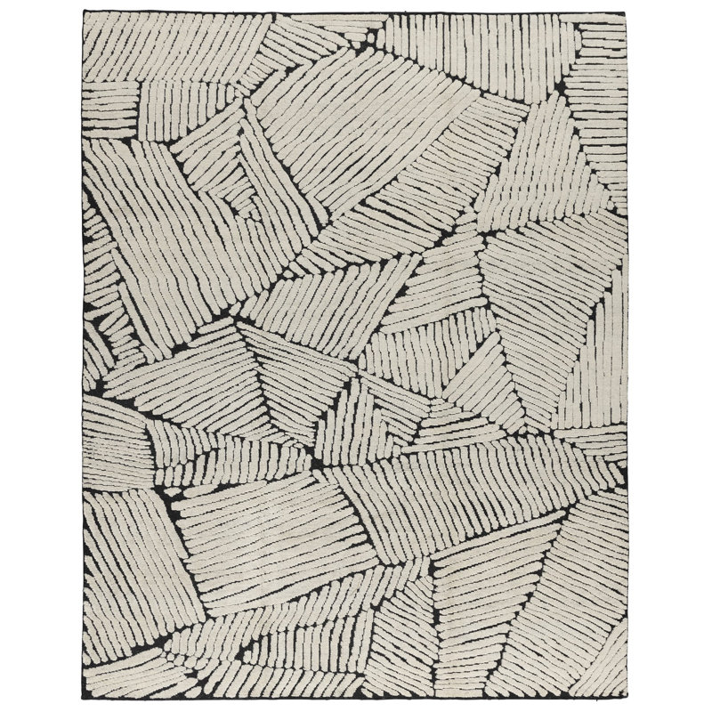 Ravine Hand Knotted Wool Geometric Area Rug in Black/Beige, Rectangle 3' x 5'