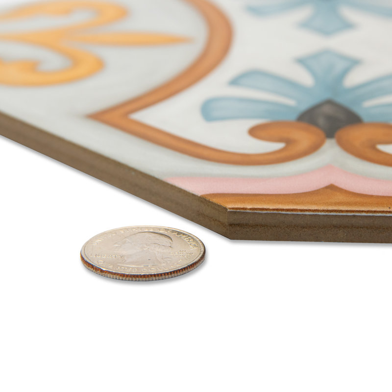 Vaudeville Octagon Deco Diglas W/Taco 7-7/8 In. X 7-7/8 In. Porcelain Floor And Wall Tile, Yellow/Blue/Brown/Gray