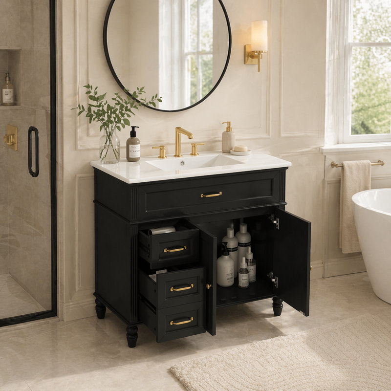 Meuble-lavabo simple 36 po avec lavabo, 3 tiroirs et armoire à deux portes Sanoxis