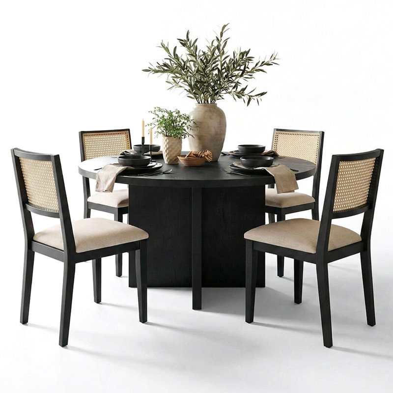 Ensemble de salle à manger à piédestal 52 po 5 pièces avec chaises rembourrées, Noir