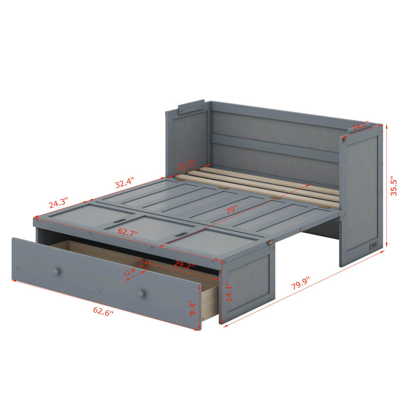 Lit escamotable avec port USB et grand tiroir, gris, Grand