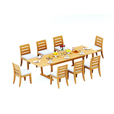Ensemble de salle à manger 11 pièces en bois de teck de qualité A: table à double tréteaux à pieds à double rallonge de 118 po et chaises sans accoudoirs Atnas # 11AT2500