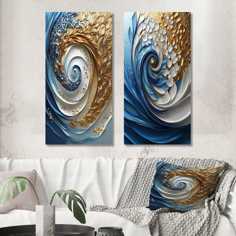 Encre cosmique blanche blanche et dorée, ensemble de 2 pièces de spirales abstraites, H 32 po x l 32 po, Toile tendue