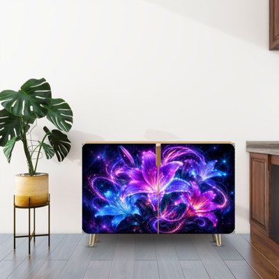 Buffet Buffet avec rangement Vibrant Neon Lilies Cosmic Swirls Starry Night avec 2 portes pour le salon et la cuisine