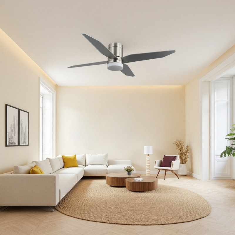52 po Ventilateur de plafond en nickel brossé à 5 pales avec pales argentées, lumière à DEL pour cage, moteur réversible et fixation à tige verticale