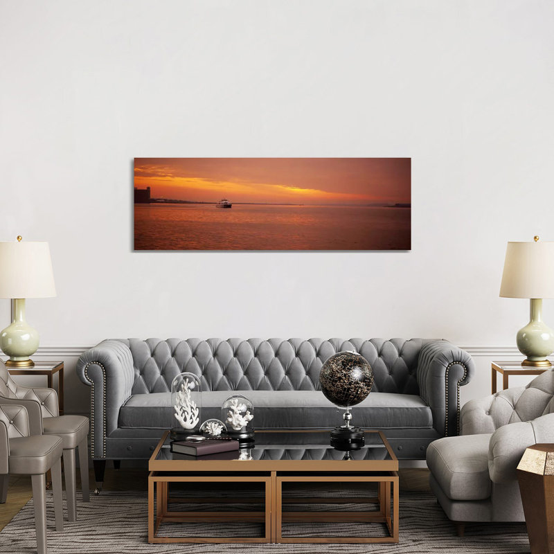 Ferry Moving In The Sea At Sunrise, Boston, Massachusetts, USA - Wrapped Canvas Panoramic Print