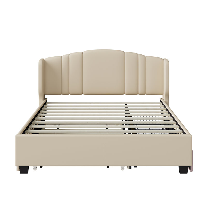Upholstered Platform Bed With Wingback Headboard, One Trundle And 2 Drawers, No Box Spring Needed, Linen Fabric, Size,, Beige