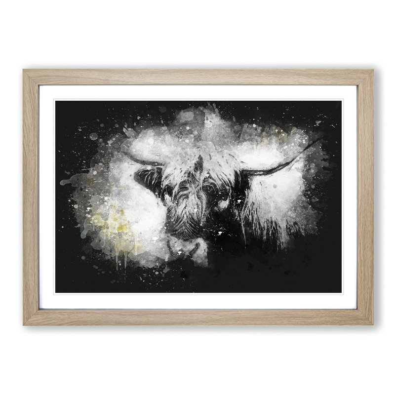 Paint Splattered Highland Cow - Single Picture Frame Print on MDF, 60cm H x 91cm W x 2cm D, Oak Framed