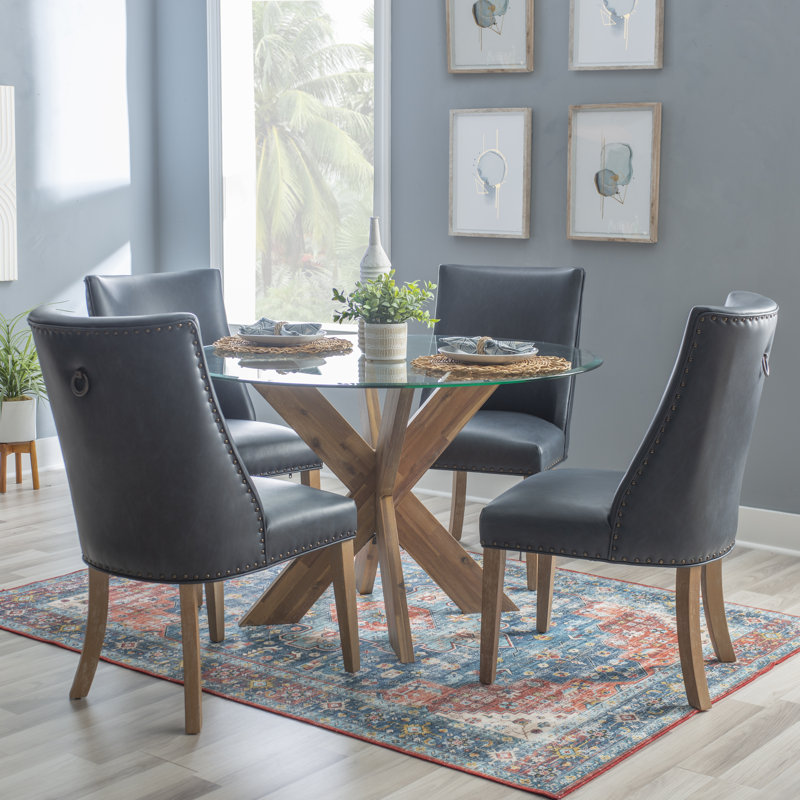 Alejoa 5-Piece Round Glass Pedestal Dining Set, Natural