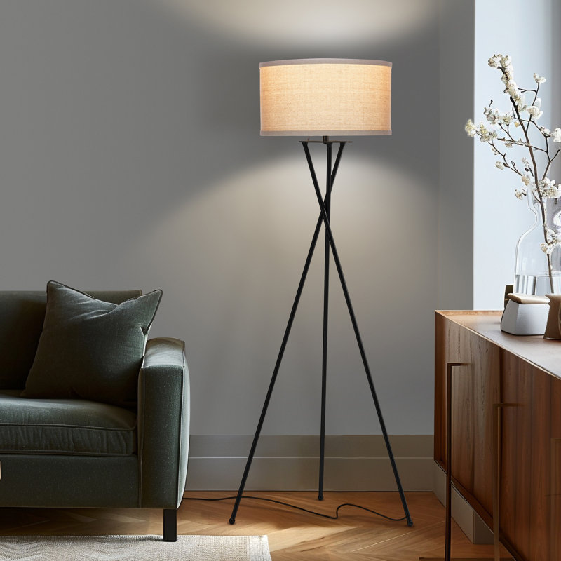 Jaxon 60 in. Mid-Century Modern LED Energy Efficient Floor Lamp with Tan Fabric Drum Shade and Black Tripod Legs, Matte Black