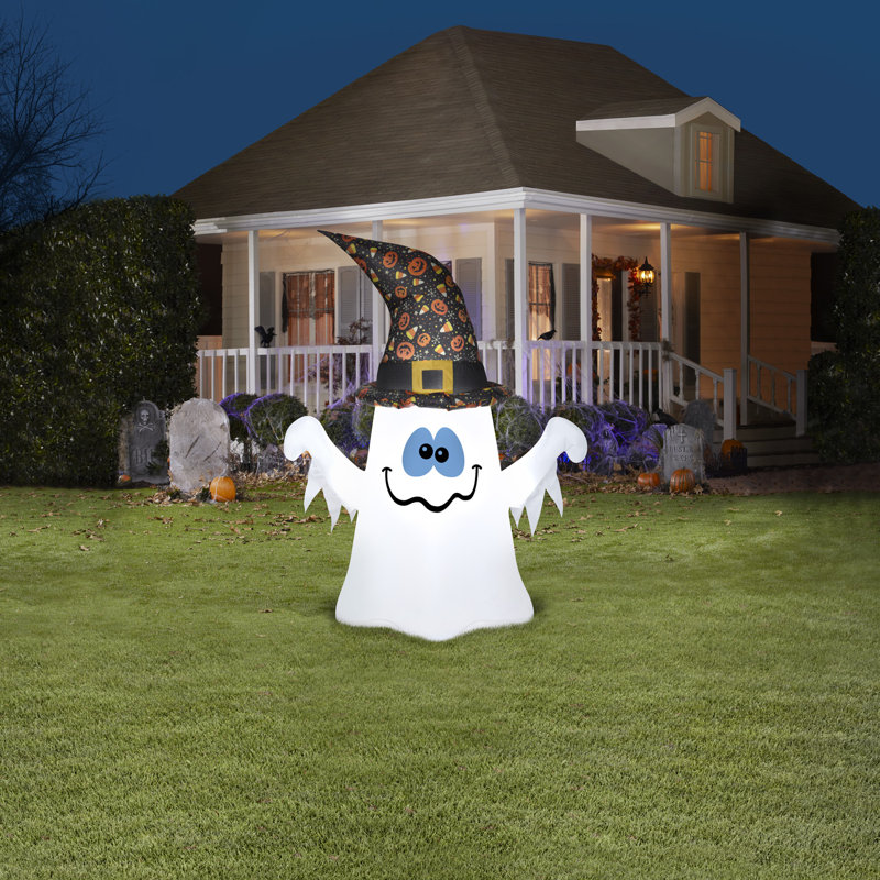 4 ft White Inflatable Ghost with Witch Hat Halloween Decoration